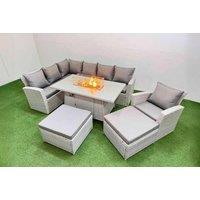 Light Grey PE Rattan 6-Seater Corner Dining Set with Fire Pit Table