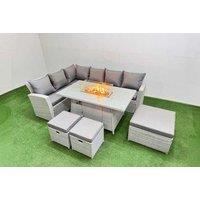 9-Seat Light Grey Rattan Garden Sofa Set With Fire Pit Table & 3 Footstools - Weather-Resistant Outdoor Dining Lounge