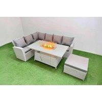 7-Seat Grey Rattan Garden Sofa Set with Fire Pit Table & Large Footstool - Weather-Resistant Outdoor Dining Lounge