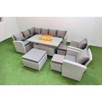 8-Seater Grey Rattan Corner Dining Set with Fire Pit Table - Weather-Resistant Outdoor Furniture