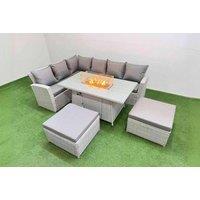 8-Seat Grey Rattan Garden Sofa Set With Fire Pit & Footstools - Weather-Resistant Outdoor Dining Lounge
