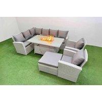 8-Seater Weather-Resistant Rattan Corner Dining Set with Fire Pit Table - Modern Grey