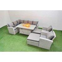 10-Seat Rattan Corner Dining Set with Tempered Glass Fire Pit Table & Stools - Modern Weather-Resistant Outdoor Sofa Suite