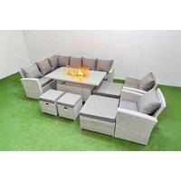 Rattan Corner Sofa Dining Set with Tempered Glass Fire Pit Table & Stools - Weather-Resistant, 8-Seater Modern Garden Lounge