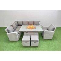 9-Seat Grey Rattan Sofa Set with Fire Pit Table & Footstools - Weather-Resistant Outdoor Dining Lounge