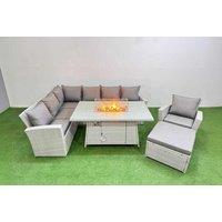 8-Seat Grey Rattan Garden Sofa Set With Fire Pit & Large Footstool - Modern Outdoor Dining