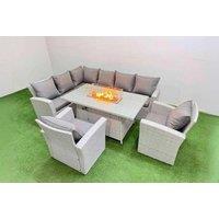 Light Grey Rattan Corner Sofa Dining Set With Tempered Glass Fire Pit Table - 7-Seater Outdoor Lounge