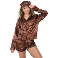 Unisex Brown 2 Pack Women'S Satin-Feel Long Sleeve Lounge & Shorts Set With Eye Mask - Lightweight Summer Pyjamas