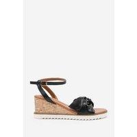 Unisex Black Women'S Faux Leather Knot Detail Wedge Sandals With Buckle Strap - Casual Summer Footwear