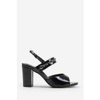 Unisex Black Women'S Wide Fit Strappy Dress Sandals - Mid Block Heels With Chain Detail