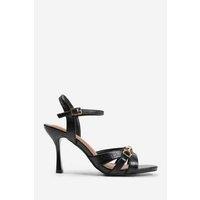 Unisex Black Women'S Leather Mid Heel Sandals With Metal Detailing - Elegant Strappy Dress Shoes
