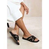 Unisex Black Crete Faux Leather Multi Cross Over Strap Women'S Slip-On Sandals