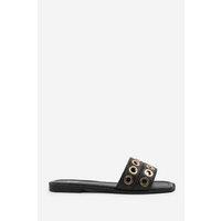 Unisex Black Women'S Leather Flatform Sandals - Stylish Hole Strap Detail, Casual Comfort
