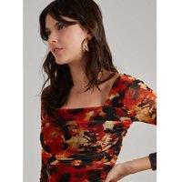 Women's Orange Pink Vanilla Ruched Smudge Print Long Sleeved Dress