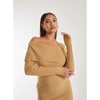 Women's Camel Bardot Ribbed Knit Maxi Dress