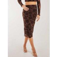 Unisex Women's Black Flocked Floral Midi Skirt - Vintage 90s Style, Stretch Fit, Polyester Blend