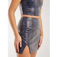 Unisex Women's Blue Pink Vanilla PU Snake Print Split Bandeau Mini Skirt - Faux Leather, Figure-Hugging, Night Out Essential
