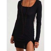 Women's Black Pink Vanilla Ribbed Split Hem Square Neck Long Sleeve Dress
