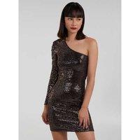 Women's Black Pink Vanilla One Shoulder Ruched Sleeve Sparkle Dress