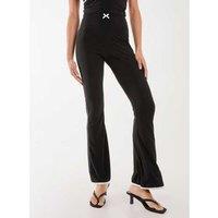 Unisex Women's Black High Waisted Lightweight Summer Flares - Bow & Piping Detail Loungewear