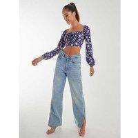Unisex Navy Pink Vanilla Floral Printed Milkmaid Long Balloon Sleeve Top