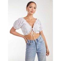 Unisex Ivory Broderie Puff Sleeve Tie Cotton Top - 100% Cotton, Sweetheart Neckline, Trendy Summer Blouse