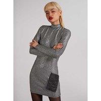 Women's Silver Pink Vanilla Metallic High Tie Neck Open Back Dress