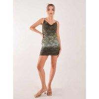 Women's Khaki Lace Cowl Ombre Mini Dress - Marble Print, Viscose Blend, Bodycon Fit, UK-Made