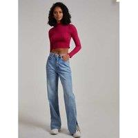 Unisex Pink Vanilla Wide Brushed Ribbed Lettuce Hem Long Sleeve Crop Top