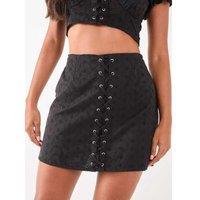 Unisex Women's Black Pink Vanilla Broderie Lace Up Mini Skirt