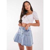Unisex Pink Vanilla Floral Puff Sleeve Crop Top