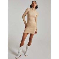 Women's Cream Pink Vanilla Chunky Rib Knit Roll Neck Midi Dress - Long Sleeve, Cosy Winter Fit, UK Made