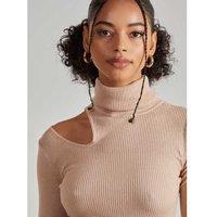 Unisex Camel Pink Vanilla Knit Cut Out Turtle Neck Top