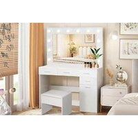 Clarisse Modern White 4-Drawer Bedroom Vanity Set With Led Mirror & Storage - Dressing Table And Cushioned Stool