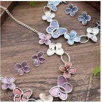 Enamel Butterfly And Flower Earrings And Necklace Set