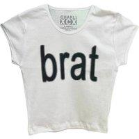 Trending Cotton Blend Slim Fit Cropped Women's T-Shirt - Gothic Brat Letter Print, Stretch, Black or White