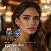 Sterling Silver M Heart Stud Earrings - White Gold Plated, Hypoallergenic, Pave CZ