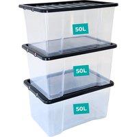 30, 50 Or 80L Clear Stackable Storage Boxes With Durable Black Lids - 3 Or 4 Pack