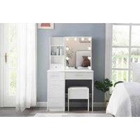 Juniper White 5 Drawer Modern Dressing Table Set with Sliding LED Mirror & Stool - Bedroom Vanity Storage