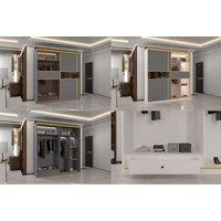 Luxury MDF Sliding Glass Door Wardrobe with LED Lighting, Golden Trim & Ample Storage - Contemporary Bedroom Furniture