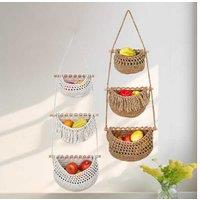 Three-Layer Cotton/Hemp Rope Hanging Fruit Storage Basket - Wall-Mounted, Breathable, Space-Saving