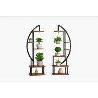 Set of Two Rustic Brown Crescent Wood Multi-Tiered Plant Stands
