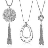 3Pcs Alloy Long Pendant Statement Necklace Set For Women - Circle & Knot Sweater Chains