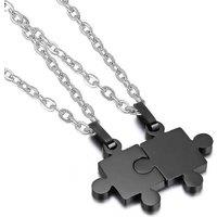 2Pcs Black Stainless Steel Puzzle Matching Couple Pendant Necklace Set