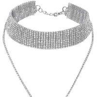 Multi-Layer Rhinestone Tassel Statement Choker Necklace For Women - Silver Plated, Trendy Layered Chain