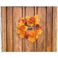 Berry Pine Cone Pumpkin Door Hanger - Autumn Harvest Decorative Wreath, Fabric & Natural Pine Cones