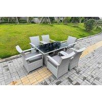 6-Seater Grey Rattan Dining Set with Black Tempered Glass Table - Weather-Resistant Outdoor Furniture