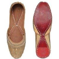 Black Women's Gold Beaded Leather Punjabi Jutti - Handmade, Traditional, Party Wear