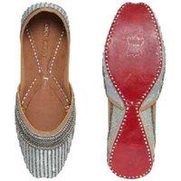 Women's Silver Embellished Leather Punjabi Jutti - Handmade Ethnic Slip-On Flats