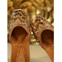 Black Women's Golden Leather Punjabi Juttis - Handcrafted Embellished Flats